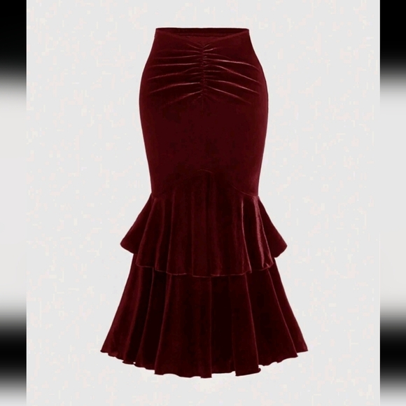 Women's Double Ruffled Mermaid Skirt, Burgundy A-Line Skirt